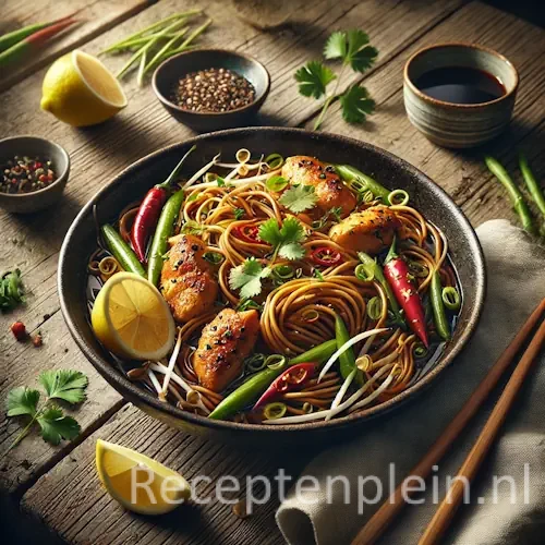 Hyper-realistische foodfoto van bahmi met woknoedels en goudbruin gebakken citroenkip in een donkere keramische schaal op een rustieke houten tafel. De noedels zijn gegarneerd met rode chilipeper, bosui, koriander en taugé, met partjes citroen ernaast. Op de tafel liggen houten eetstokjes, een kommetje sojasaus, een linnen servet en losse kruiden. Warm natuurlijk licht van opzij zorgt voor een sfeervolle, premium food magazine uitstraling met zichtbare houtstructuur en een licht uitgezoomde compositie.