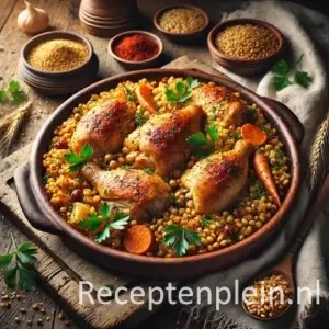 Hyper-realistische foodfoto van Bosnische kip met tarwe in een rustieke aardewerken ovenschaal op een houten tafel. Goudbruin geroosterde kipstukken liggen op een bed van glanzende tarwekorrels gemengd met wortel en ui, afgewerkt met verse peterselie en braadvocht. Subtiele stoom stijgt op uit het gerecht. Op tafel liggen schaaltjes met extra tarwe, een houten lepel en een linnen doek, warm natuurlijk belicht in een hartelijke Balkan sfeer.