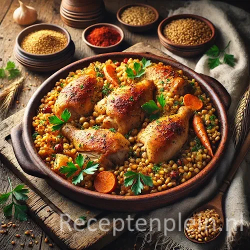 Hyper-realistische foodfoto van Bosnische kip met tarwe in een rustieke aardewerken ovenschaal op een houten tafel. Goudbruin geroosterde kipstukken liggen op een bed van glanzende tarwekorrels gemengd met wortel en ui, afgewerkt met verse peterselie en braadvocht. Subtiele stoom stijgt op uit het gerecht. Op tafel liggen schaaltjes met extra tarwe, een houten lepel en een linnen doek, warm natuurlijk belicht in een hartelijke Balkan sfeer.