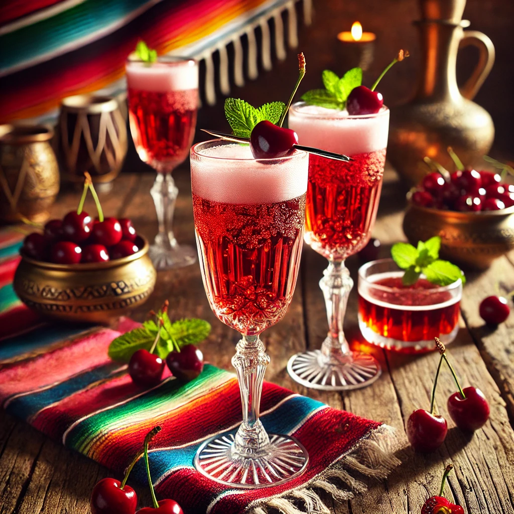Een elegante presentatie van een Cerisier cocktail, geserveerd in stijlvolle champagneglazen op een rustieke houten tafel. De drank heeft een diepe rode kleur met een romige schuimkraag, afkomstig van cherrylikeur en kriekenbier. Elk glas is gegarneerd met een verse kers en een takje munt. De setting straalt warmte uit met natuurlijke lichte accenten en een uitnodigende sfeer. 🍒🥂✨