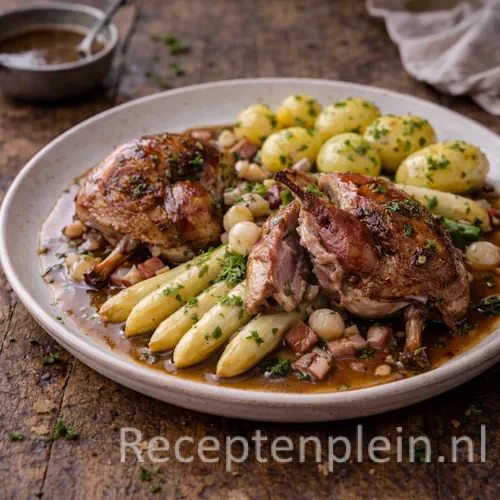 Duif met asperges op rustieke houten tafel