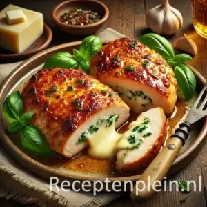 Hyperrealistische foodfoto van gevulde kipfilet met gesmolten kaas en basilicum, goudbruin gebakken en aangesneden zodat de romige vulling zichtbaar uitloopt, geserveerd op een rustieke keramische schaal op een houten tafel met verse basilicum, knoflook, boter en linnen servet in warm natuurlijk licht.