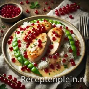 Hyperrealistische foodfoto van kip met aalbessen op een rustieke keramieken schaal op een houten tafel. Licht gegaarde kipfilets zijn overgoten met een romige whisky-roomsaus en gegarneerd met frisse rode aalbessen. Geserveerd met luchtige basmatirijst en groene peultjes, afgewerkt met fijngehakte kruiden in warm natuurlijk licht.