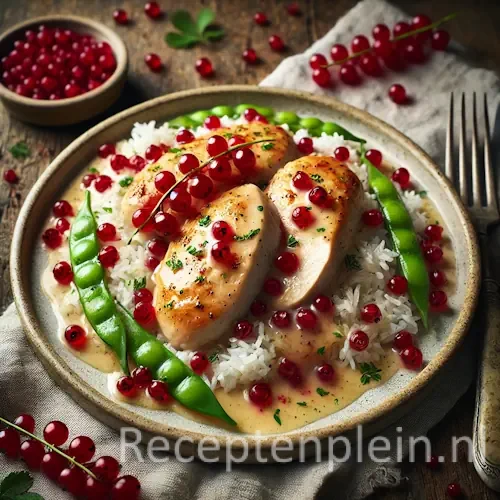 Hyperrealistische foodfoto van kip met aalbessen op een rustieke keramieken schaal op een houten tafel. Licht gegaarde kipfilets zijn overgoten met een romige whisky-roomsaus en gegarneerd met frisse rode aalbessen. Geserveerd met luchtige basmatirijst en groene peultjes, afgewerkt met fijngehakte kruiden in warm natuurlijk licht.