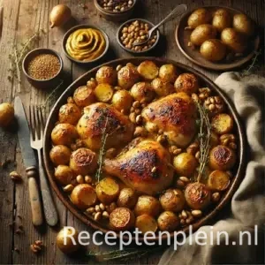Kip met krieltjes in mosterd-notensaus op rustieke houten tafel