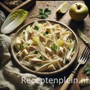 Kipsalade met mango op rustieke houten tafel