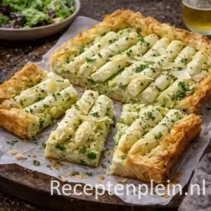 Krokante aspergetaart met oude kaas op een rustieke houten tafel.