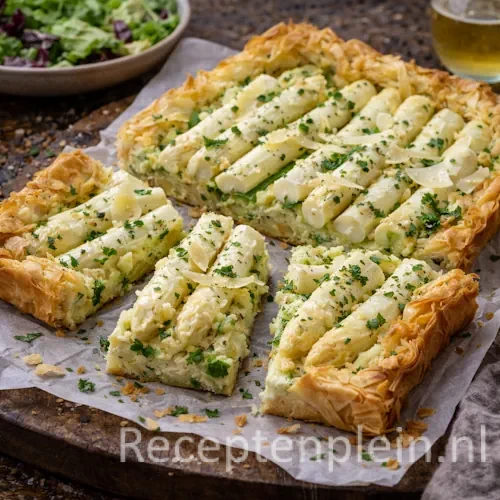 Krokante aspergetaart met oude kaas op een rustieke houten tafel.