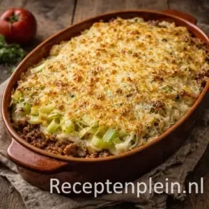 Romige aardappel preischotel met gehakt uit de oven op een rustieke houten tafel.