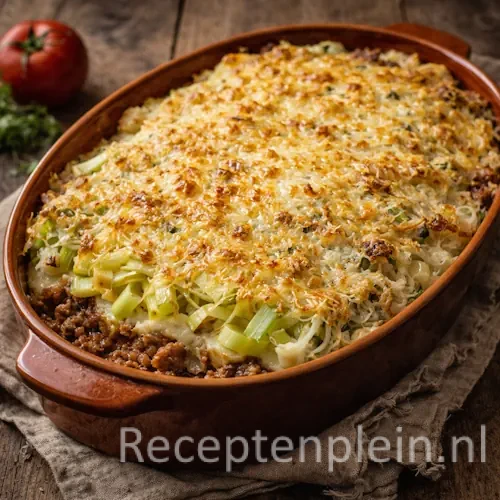 Romige aardappel preischotel met gehakt uit de oven op een rustieke houten tafel.