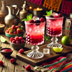 Een verfrissende Sharbate Rivas, geserveerd in elegante glazen op een rustieke houten tafel. De drank heeft een levendige roze kleur met lagen van vergruisd ijs en kleine rode vruchten. De glazen zijn gegarneerd met een scheutje rabarbersiroop en een takje verse munt. De setting bevat verspreide bessen, limoenschijfjes, kleurrijke decoratieve patronen en warm sfeervol licht. 🍓🥤✨