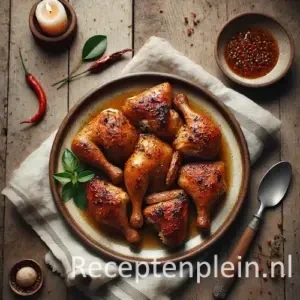 Hyper-realistische foodfoto van Siap Mepanggang met goudbruin geroosterde kipstukken met zichtbare kruidenpasta en natuurlijke braadsappen op een eenvoudig keramisch bord. Het gerecht staat op een rustieke houten tafel met een lepel, een linnen doek en enkele rode pepers en kruiden in zacht natuurlijk daglicht, met een sobere en huiselijke uitstraling.
