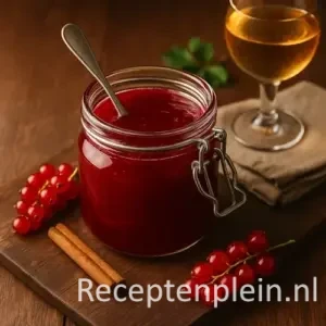Frisse aalbessengelei in een glazen pot op een houten tafel, met verse aalbessen, kaneelstokje, lepel en een glas Muscat dessertwijn ernaast.