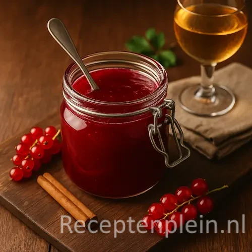 Frisse aalbessengelei in een glazen pot op een houten tafel, met verse aalbessen, kaneelstokje, lepel en een glas Muscat dessertwijn ernaast.