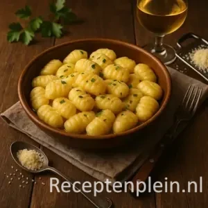 Zelfgemaakte aardappelgnocchi met Parmezaanse kaas en gesmolten boter in een kom op een robuuste houten tafel, met een glas Chardonnay, vork en lepel met kaas ernaast.