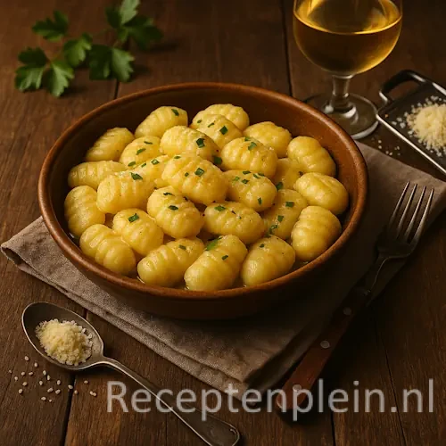 Zelfgemaakte aardappelgnocchi met Parmezaanse kaas en gesmolten boter in een kom op een robuuste houten tafel, met een glas Chardonnay, vork en lepel met kaas ernaast.