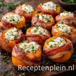 Abrikozen met geitenkaas en spek op een rustieke houten tafel