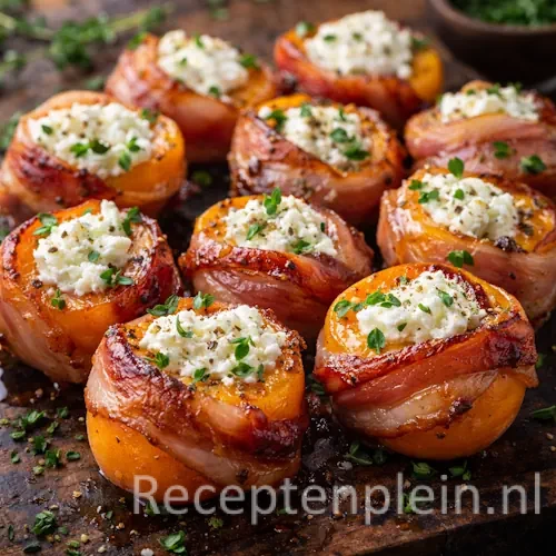 Abrikozen met geitenkaas en spek op een rustieke houten tafel