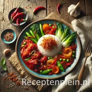 Hyper-realistische foodfoto van Ajam Bali in een dieprode sambalsaus, geserveerd op een rustiek keramisch bord met een bol witte rijst bestrooid met krokante gebakken uitjes en kleurrijke gewokte groenten zoals paksoi, sugarsnaps en wortel. Het bord staat op een robuuste houten tafel met zichtbare houtnerf, omringd door rode pepers, knoflook, specerijen en een linnen doek. Warm natuurlijk daglicht geeft een levendige, premium foodmagazine uitstraling.
