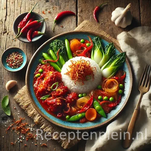 Hyper-realistische foodfoto van Ajam Bali in een dieprode sambalsaus, geserveerd op een rustiek keramisch bord met een bol witte rijst bestrooid met krokante gebakken uitjes en kleurrijke gewokte groenten zoals paksoi, sugarsnaps en wortel. Het bord staat op een robuuste houten tafel met zichtbare houtnerf, omringd door rode pepers, knoflook, specerijen en een linnen doek. Warm natuurlijk daglicht geeft een levendige, premium foodmagazine uitstraling.