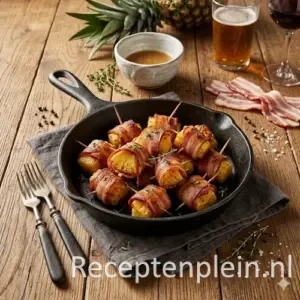 ananas met spek op een rustieke houten tafel.