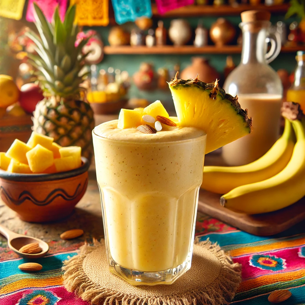 Een Mexicaans gepresenteerde smoothie genaamd 'Bananarama', geserveerd in een hoog glas met een romige gele kleur. Het drankje is gemaakt van banaan, ananassap, amandelsiroop en gecrusht ijs, tot een gladde consistentie gemixt. Het glas is gegarneerd met een schijfje verse banaan en een stukje ananas op de rand. De tafel is versierd met kleurrijke Mexicaanse textiel, een kleine kleikom met tropisch fruit en feestelijke accenten. De achtergrond toont een zonnige Mexicaanse setting met rustieke houten accenten, terracottategels en warm natuurlijk licht. Er zijn geen teksten of etiketten zichtbaar op glazen, flessen of oppervlakken.