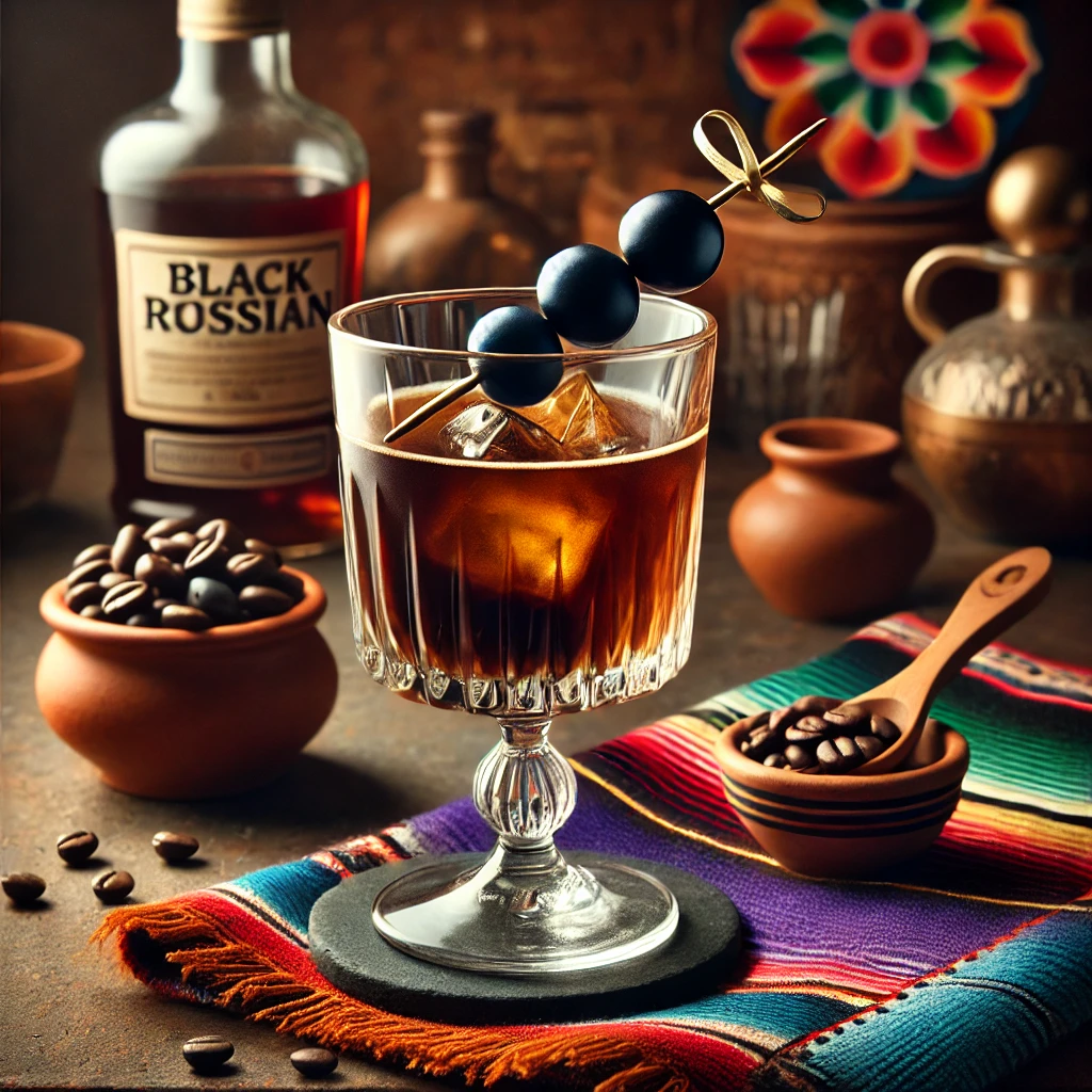 Een klassieke 'Black Russian'-cocktail, geserveerd in een elegant whiskeyglas. Het drankje heeft een rijke donkere bruine kleur en is gemaakt van wodka en koffielikeur, geschud en gezeefd voor een gladde afwerking. Het glas is gegarneerd met een blauwe druif op een decoratief prikkertje en een slank zwart rietje. De tafel is gedecoreerd met kleurrijke Mexicaanse textiel, een kleine kleikom met koffiebonen en feestelijke accenten. De achtergrond toont een warme Mexicaanse setting met rustieke houten accenten, terracottategels en natuurlijk licht. Er zijn geen teksten of etiketten zichtbaar op glazen, flessen of oppervlakken.