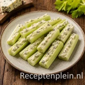 Bleekselderij met Roquefortcrème op een rustieke houten tafel