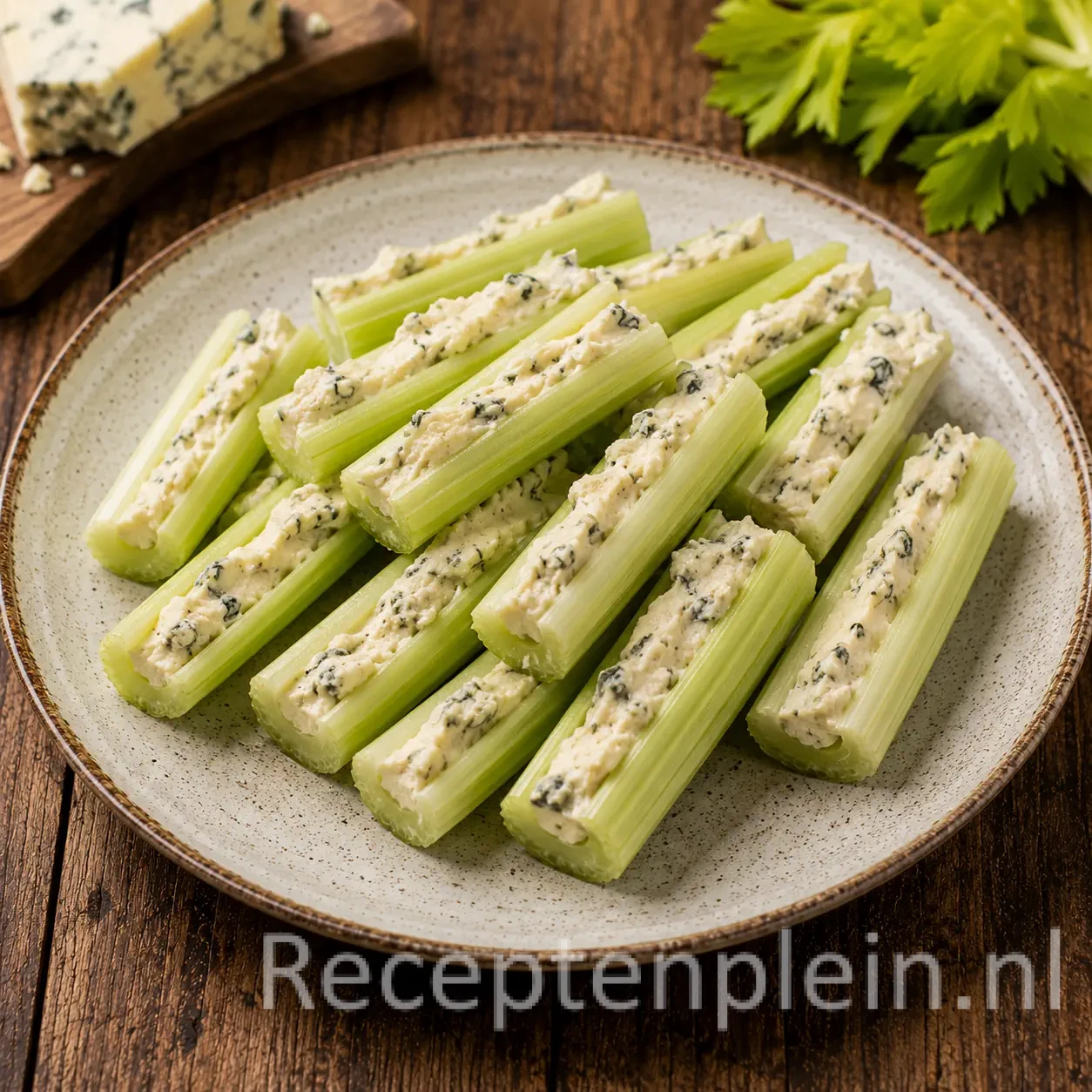 Bleekselderij met Roquefortcrème op een rustieke houten tafel