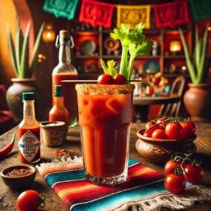 Een klassieke cocktail genaamd 'Bloody Mary', geserveerd in een hoog glas met een rijke rode kleur. Het drankje is gemaakt van wodka, tomatensap, Worcestershire-saus, citroensap, zout, peper en een vleugje Tabasco. Het glas is gegarneerd met een verse selderijstengel en een spiesje met cherrytomaatjes. De tafel is versierd met kleurrijke Mexicaanse textiel, een kleine kleikom met cherrytomaatjes en feestelijke accenten. De achtergrond toont een levendige Mexicaanse setting met rustieke houten accenten, terracottategels en warm natuurlijk licht. Er zijn geen teksten of etiketten zichtbaar op glazen, flessen of oppervlakken.