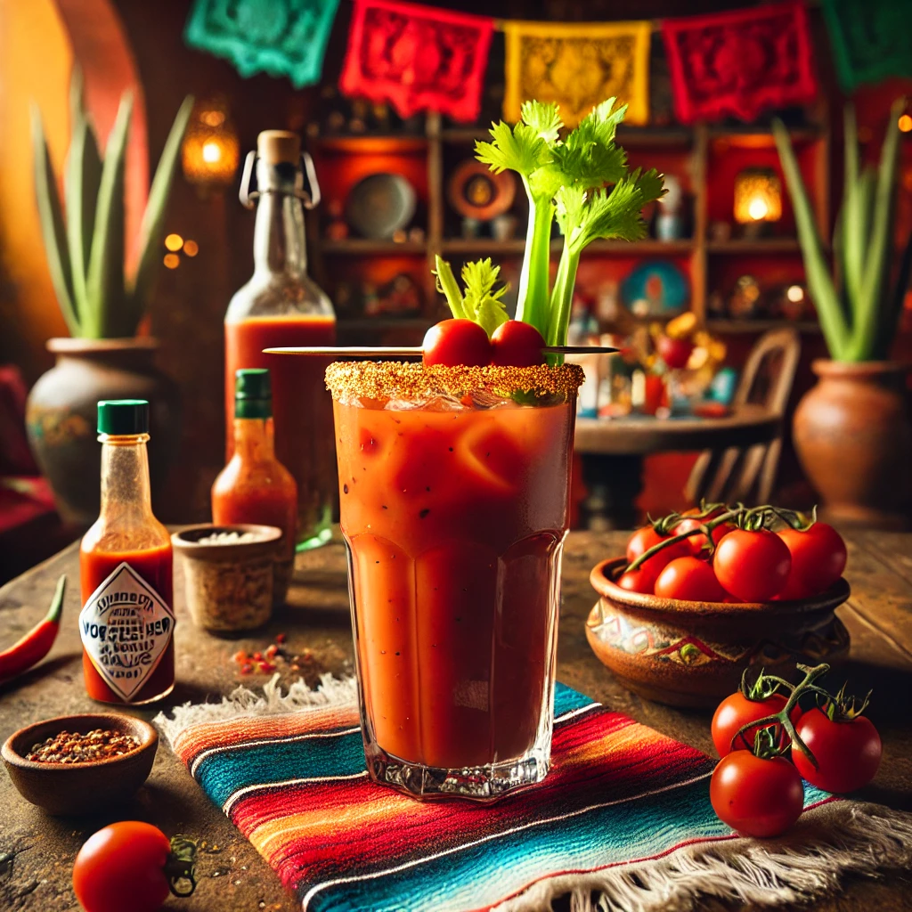 Een klassieke cocktail genaamd 'Bloody Mary', geserveerd in een hoog glas met een rijke rode kleur. Het drankje is gemaakt van wodka, tomatensap, Worcestershire-saus, citroensap, zout, peper en een vleugje Tabasco. Het glas is gegarneerd met een verse selderijstengel en een spiesje met cherrytomaatjes. De tafel is versierd met kleurrijke Mexicaanse textiel, een kleine kleikom met cherrytomaatjes en feestelijke accenten. De achtergrond toont een levendige Mexicaanse setting met rustieke houten accenten, terracottategels en warm natuurlijk licht. Er zijn geen teksten of etiketten zichtbaar op glazen, flessen of oppervlakken.
