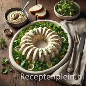 Hyper-realistic buffet chicken mold shaped in a ring form on a ceramic platter, garnished with fresh parsley and lemon slices, surrounded by greens, crusty bread, vintage cutlery, and a linen cloth on a rustic wooden table in warm natural light.
