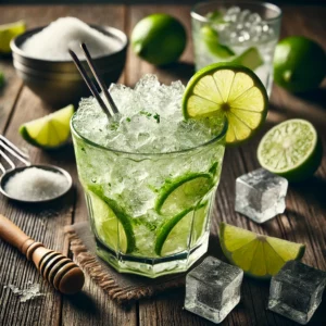 Caipiroska cocktail in een laag glas met gemalen ijs, verse limoenstukjes en suiker op de bodem, gegarneerd met een limoenschijfje, een rietje en een stirrer, op een rustieke houten tafel met limoenschijfjes en een muddler.