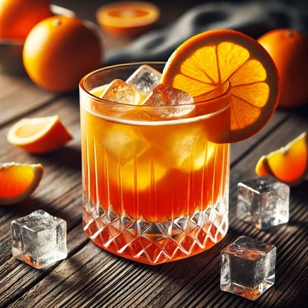 Carmen cocktail met een levendige oranje kleur, geserveerd in een stijlvol glas gevuld met ijsblokjes, gegarneerd met een verse sinaasappelschijf, op een rustieke houten tafel met sinaasappelschijfjes en een schaaltje ijsblokjes.