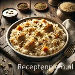 Natuurgetrouwe foodfoto van Chicken Pullao in een licht versleten metalen schaal op een rustieke houten tafel. Luchtige basmatirijst in zachte wit-gouden tinten is losjes gemengd met stukken kip, kardemompeulen, kruidnagel, gekarameliseerde ui en kleine stukjes wortel. De rijst ligt onregelmatig met enkele losse korrels op tafel. Naast het gerecht staan een eenvoudige lepel, een schaaltje raita en een gekreukte linnen doek, zacht belicht door natuurlijk raamlicht met realistische, ingetogen kleuren.