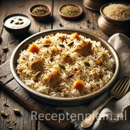 Natuurgetrouwe foodfoto van Chicken Pullao in een licht versleten metalen schaal op een rustieke houten tafel. Luchtige basmatirijst in zachte wit-gouden tinten is losjes gemengd met stukken kip, kardemompeulen, kruidnagel, gekarameliseerde ui en kleine stukjes wortel. De rijst ligt onregelmatig met enkele losse korrels op tafel. Naast het gerecht staan een eenvoudige lepel, een schaaltje raita en een gekreukte linnen doek, zacht belicht door natuurlijk raamlicht met realistische, ingetogen kleuren.