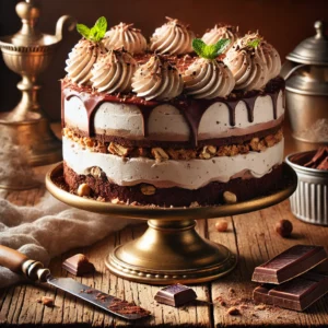 Romig chocoladedessert met laagjes biscuit en luchtige slagroom, gegarneerd met gesmolten chocolade, munt en hazelnoten, geserveerd op een rustieke schaal – een typisch Frans no bake chocoladetoetje met een verfijnde uitstraling.
