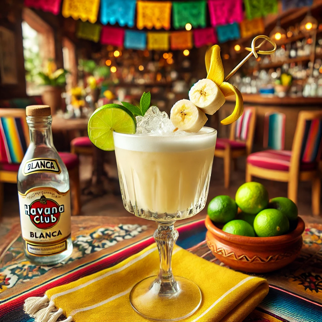 Een Mexicaans gepresenteerde cocktail genaamd 'Banana Daiquiri', geserveerd in een elegant cocktailglas met een romige lichtgele kleur. Het drankje is gemaakt van Havana Club Blanco, Crème de Bananes, limoensap, banaan en gemalen ijs. Het glas is gegarneerd met een decoratief prikkertje met een schijfje banaan, een schijfje limoen en een feestelijke stirrer. De tafel is versierd met kleurrijke Mexicaanse textiel, een kleine kleikom met limoenen en vrolijke decoraties. De achtergrond toont een levendige Mexicaanse setting met rustieke houten accenten, terracottategels en warm natuurlijk licht. Er is geen tekst of label zichtbaar op glazen, flessen of oppervlakken.
