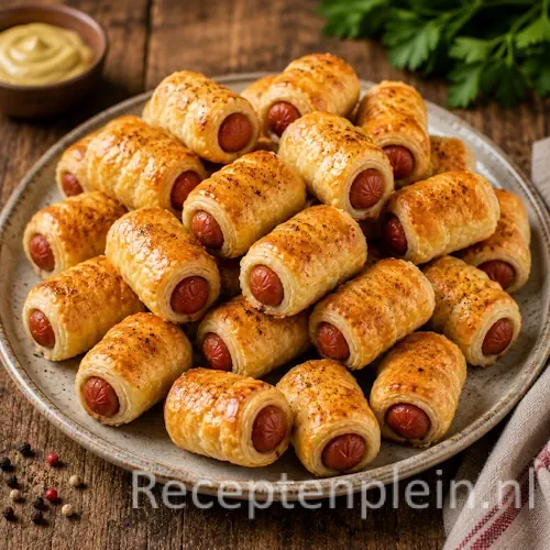 Cocktail Hapjes met Worstjes op een rustieke houten tafel