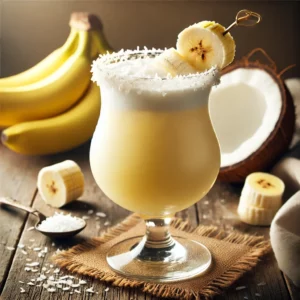 Coco Loco cocktail met een romige lichtgele kleur, geserveerd in een hoog glas, gegarneerd met een plakje verse banaan, op een rustieke houten tafel met stukjes banaan en kokos.