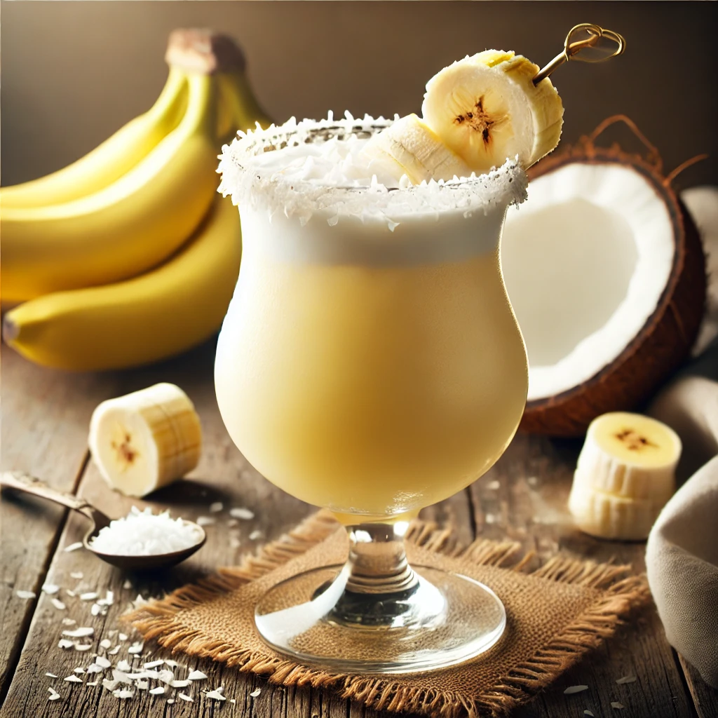 Coco Loco cocktail met een romige lichtgele kleur, geserveerd in een hoog glas, gegarneerd met een plakje verse banaan, op een rustieke houten tafel met stukjes banaan en kokos.