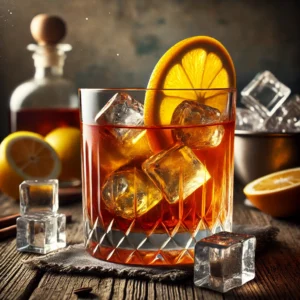 Concorde cocktail met een warme amber-oranje kleur, geserveerd in een stijlvol glas gevuld met ijsblokjes, gegarneerd met een dun schijfje citroen, op een rustieke houten tafel met citroen- en sinaasappelschijfjes.