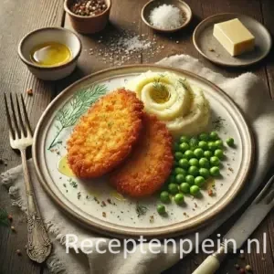 Hyperrealistische foodfoto van Cotelettes de Volaille Pojarsky geserveerd op een witte keramische schaal op een rustieke houten tafel, licht uitgezoomd zodat het tafelblad zichtbaar is. Twee goudbruin gepaneerde kipkoteletten liggen naast romige aardappelpuree met een boterkrul en felgroene erwtjes, gegarneerd met verse dille. Op tafel staan een schaaltje gesmolten boter, broodkruimels, bestek en een linnen doek in warm natuurlijk daglicht met een elegante Oost-Europese restaurantuitstraling en premium foodmagazine stijl.