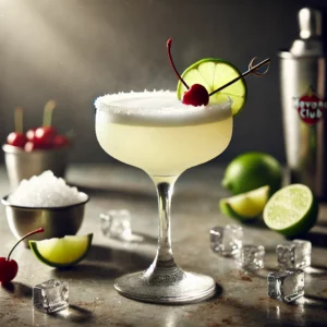 Klassieke Cubaanse Daiquiri in een gekoeld coupeglas, met een bleke, bevroren textuur, gegarneerd met een limoenschijfje, een maraschinokers en een stirrer, op een gepolijste bar met limoenpartjes, gemalen ijs en een schaaltje kersen.