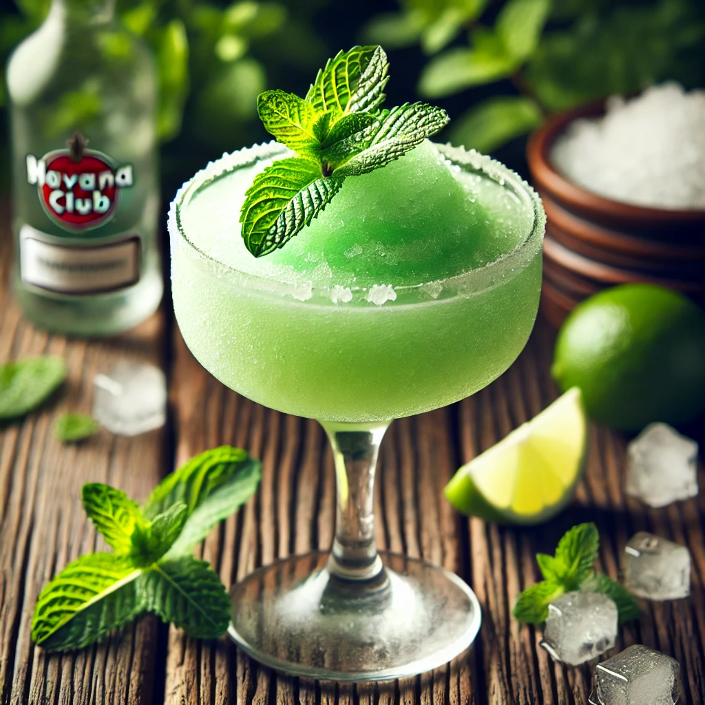 Daiquiri Rebelde met een lichtgroene slushy textuur, geserveerd in een gekoeld coupeglas, gegarneerd met verse muntblaadjes, op een rustieke houten tafel met muntbladeren, een schaaltje gemalen ijs en limoenpartjes.