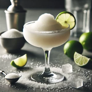 Klassieke Daiquiri-cocktail in een gekoeld coupeglas, met een bevroren, slushy textuur en een klein bergje ijs bovenop, geserveerd op een strakke bar met verspreide limoenpartjes, een kom suiker en een cocktailshaker.
