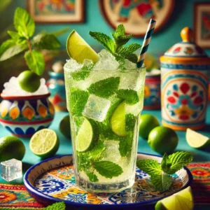Mojito cocktail in een hoog glas, gevuld met gemalen ijs, limoenpartjes en muntblaadjes, gegarneerd met een munttakje en een limoenpartje.