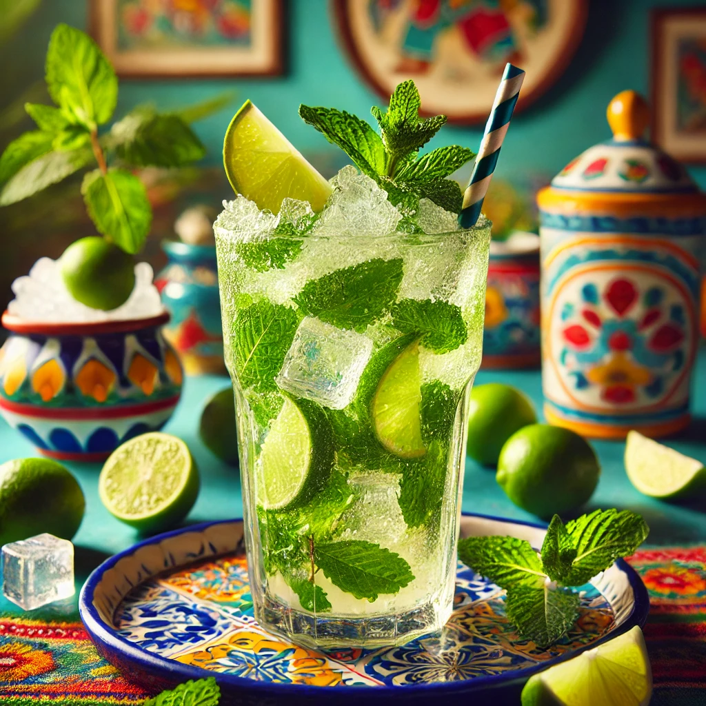 Mojito cocktail in een hoog glas, gevuld met gemalen ijs, limoenpartjes en muntblaadjes, gegarneerd met een munttakje en een limoenpartje.