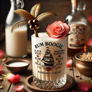 Rum Boogie cocktail met een romige lichtbeige kleur, geserveerd in een hoog glas, gegarneerd met een klein cocktailpalmboompje, op een rustieke houten tafel met rozenblaadjes en een schaaltje melk.