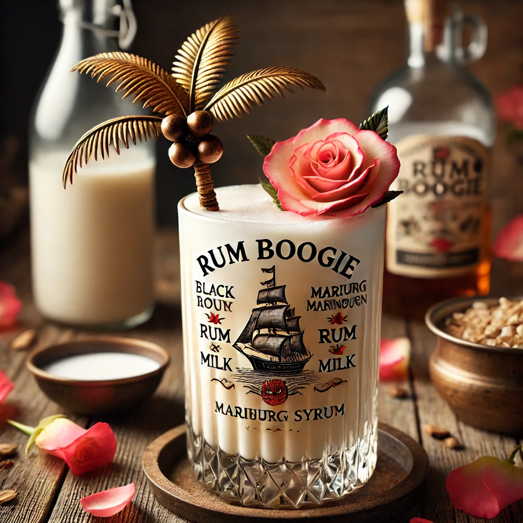 Rum Boogie cocktail met een romige lichtbeige kleur, geserveerd in een hoog glas, gegarneerd met een klein cocktailpalmboompje, op een rustieke houten tafel met rozenblaadjes en een schaaltje melk.